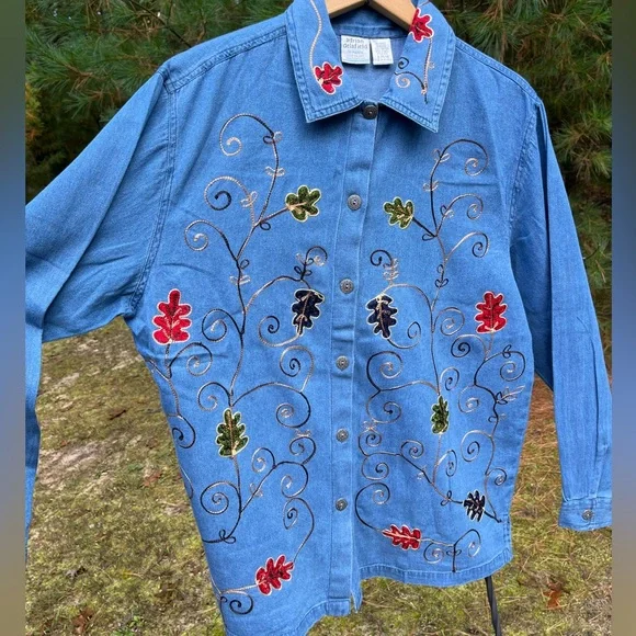 90s Adrian Delafield Embroidered Denim Button-Up Shirt Blouse Leaves Fall Fairy - Picture 14 of 14